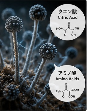 黒麹菌が米に付着し、クエン酸を大量に生み出す発酵プロセスの科学的図解イラスト