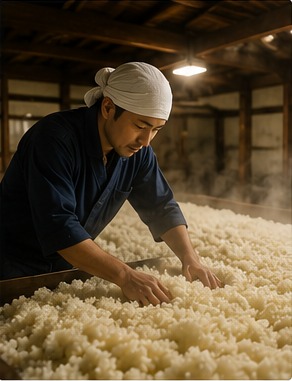 麹室の中で蒸し米に黒麹菌を種付けしていく職人の仕込み風景写真